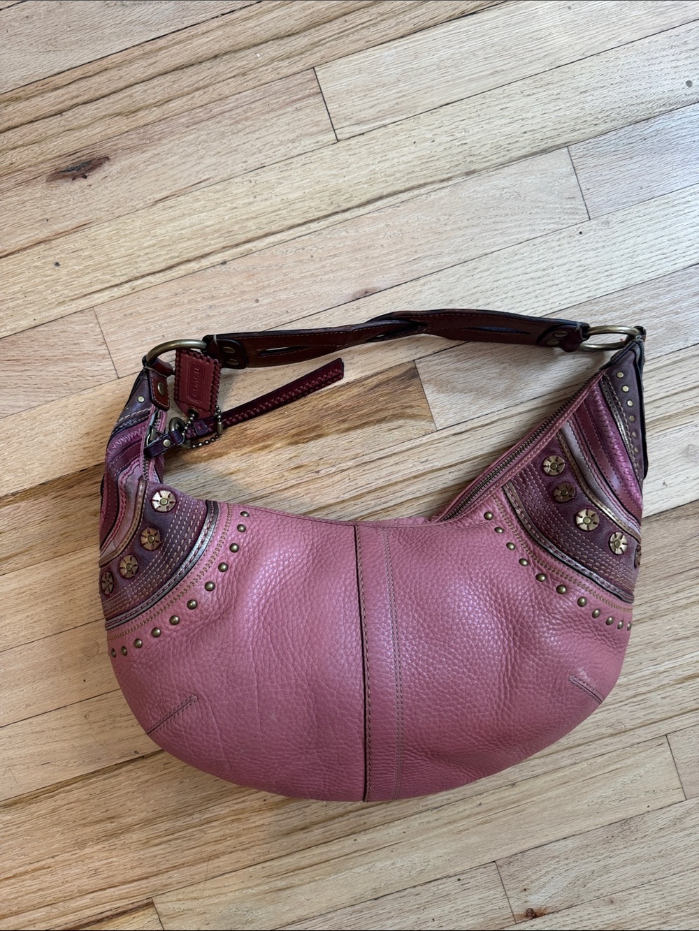 Coach Vintage Pink Leather Shoulder Hobo Bag with Stud Detail